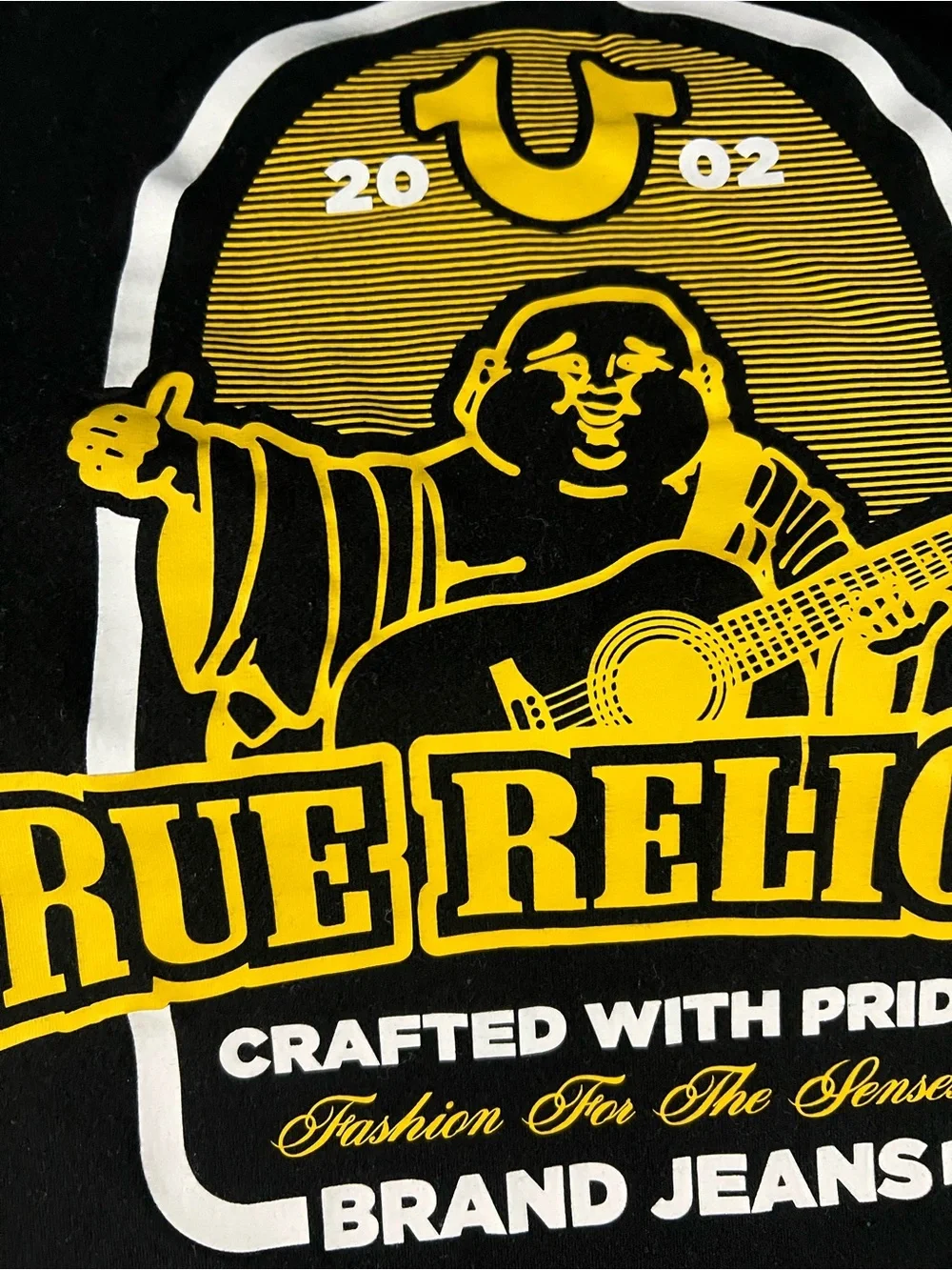 True Religion Black Tee with Yellow Logo Arch Graphic